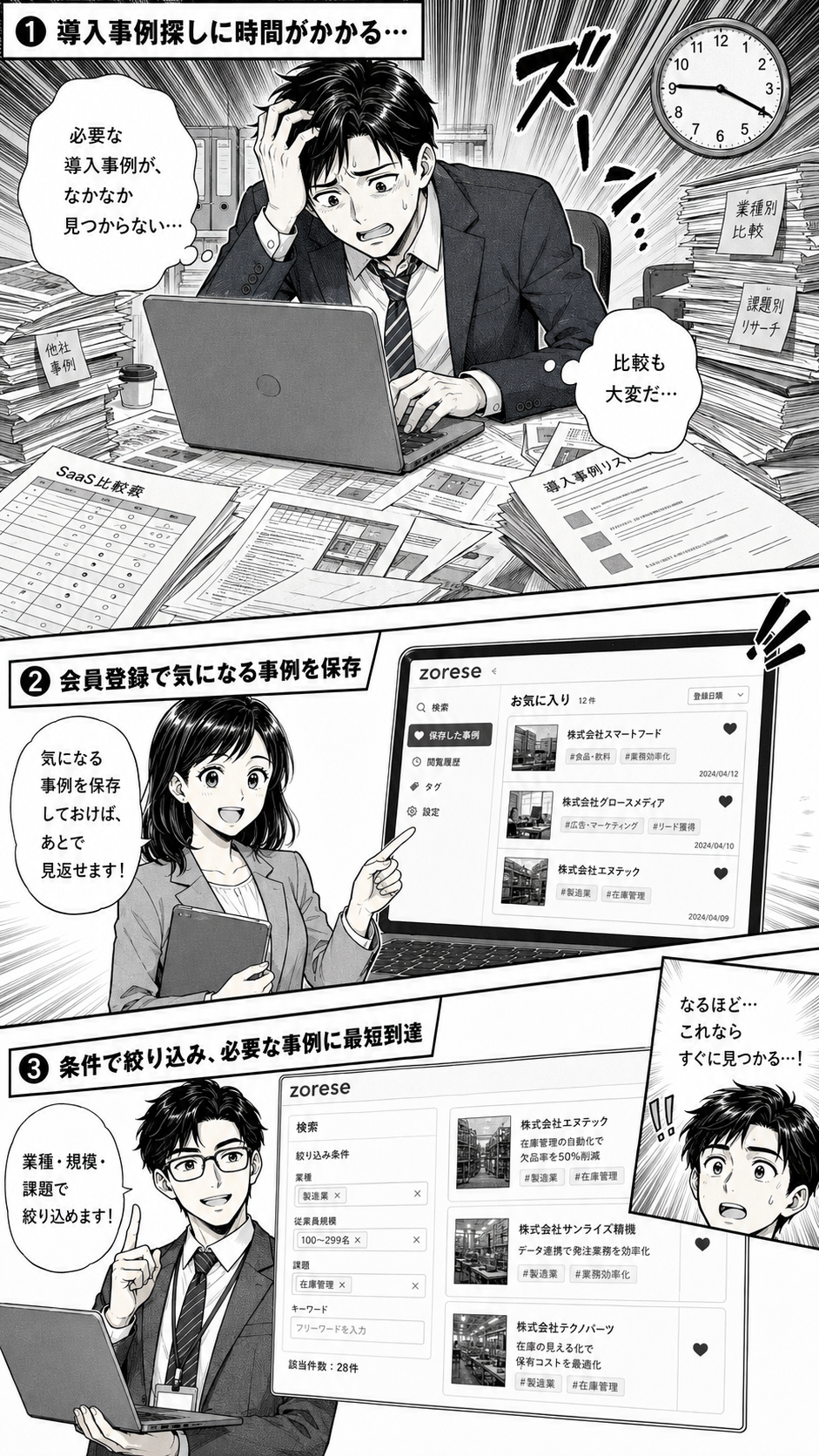 導入事例探しに時間がかかる課題から、会員登録で気になる事例を保存し、条件で絞り込む流れを説明するまんが